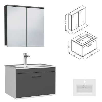 Meuble salle de bain simple vasque RUBITE 1 tiroir Anthracite L. 60 cm + miroir armoire - Saniverre