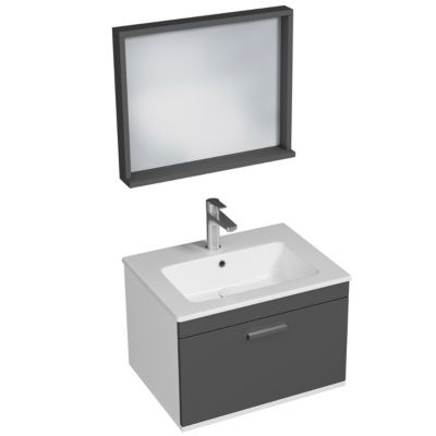 Meuble salle de bain simple vasque RUBITE 1 tiroir Anthracite L. 60 cm + miroir cadre - Saniverre