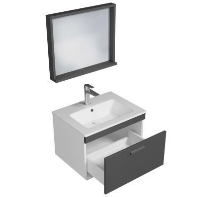 Meuble salle de bain simple vasque RUBITE 1 tiroir Anthracite L. 60 cm + miroir cadre - Saniverre