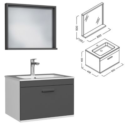 Meuble salle de bain simple vasque RUBITE 1 tiroir Anthracite L. 60 cm + miroir cadre - Saniverre