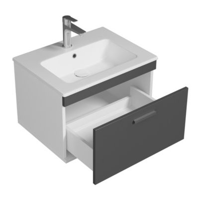 Meuble salle de bain simple vasque RUBITE 1 tiroir Anthracite L. 60 cm + miroir cadre - Saniverre