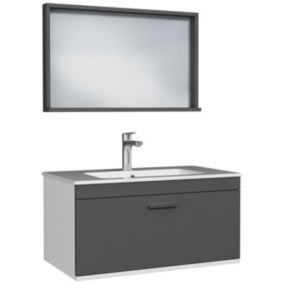 Meuble salle de bain simple vasque RUBITE 1 tiroir Anthracite L. 80 cm + miroir cadre - Saniverre