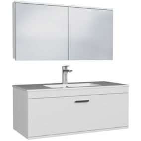 Meuble salle de bain simple vasque RUBITE 1 tiroir Blanc L. 100 cm + miroir armoire - Saniverre