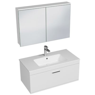 Meuble salle de bain simple vasque RUBITE 1 tiroir Blanc L. 100 cm + miroir armoire - Saniverre