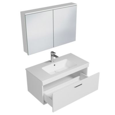 Meuble salle de bain simple vasque RUBITE 1 tiroir Blanc L. 100 cm + miroir armoire - Saniverre