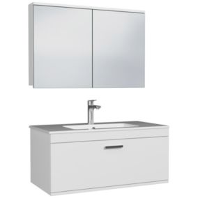 Meuble salle de bain simple vasque RUBITE 1 tiroir Blanc L. 90 cm + miroir armoire - Saniverre