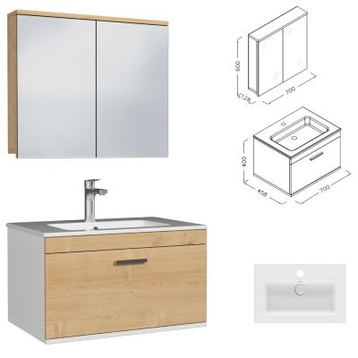 Meuble salle de bain simple vasque RUBITE 1 tiroir Chêne clair L. 70 cm + miroir armoire - Saniverre