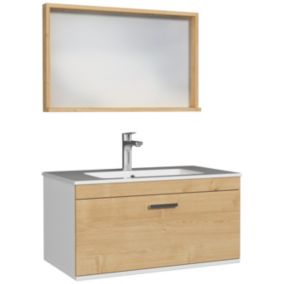 Meuble salle de bain simple vasque RUBITE 1 tiroir Chêne clair L. 70 cm + miroir cadre - Saniverre