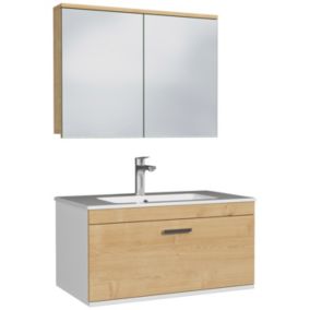 Meuble salle de bain simple vasque RUBITE 1 tiroir Chêne clair L. 80 cm + miroir armoire - Saniverre