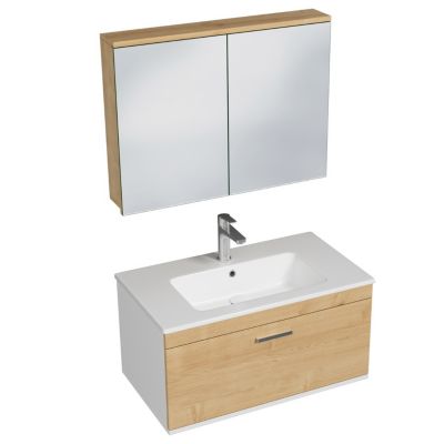 Meuble salle de bain simple vasque RUBITE 1 tiroir Chêne clair L. 80 cm + miroir armoire - Saniverre