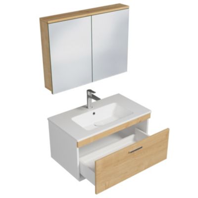 Meuble salle de bain simple vasque RUBITE 1 tiroir Chêne clair L. 80 cm + miroir armoire - Saniverre