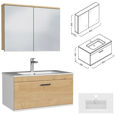 Meuble salle de bain simple vasque RUBITE 1 tiroir Chêne clair L. 80 cm + miroir armoire - Saniverre