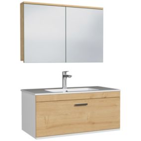 Meuble salle de bain simple vasque RUBITE 1 tiroir Chêne clair L. 90 cm + miroir armoire - Saniverre