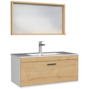 Meuble salle de bain simple vasque RUBITE 1 tiroir Chêne clair L. 90 cm + miroir cadre - Saniverre