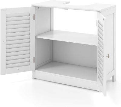Meuble Salle de Bain sous Lavabo, Portes à Persiennes, 2 Compartiments,Découpe en U 24X20cm,pour Salle de Bain,60x30x60cm, Blanc