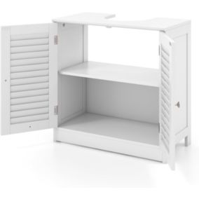 Meuble Salle de Bain sous Lavabo, Portes à Persiennes, 2 Compartiments,Découpe en U 24X20cm,pour Salle de Bain,60x30x60cm, Blanc