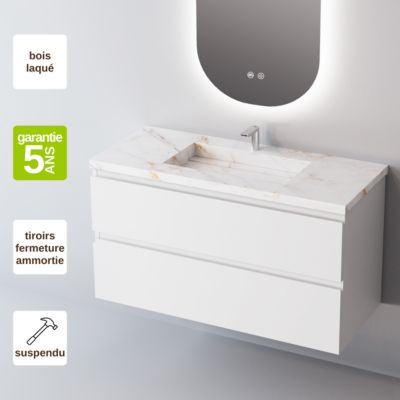 Meuble Salle de Bain STEP 100cm, Plan Vasque Grès Cérame, 2 Tiroirs, Laqué Blanc Mat, H 54cm x P 45cm