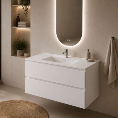 Meuble Salle de Bain STEP 100cm, Plan Vasque Grès Cérame, 2 Tiroirs, Laqué Blanc Mat, H 54cm x P 45cm