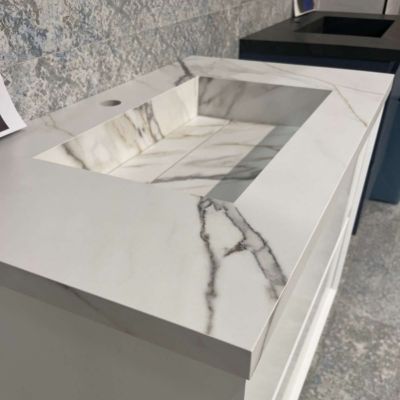 Meuble Salle de Bain STEP 100cm, Plan Vasque Grès Cérame, 2 Tiroirs, Laqué Blanc Mat, H 54cm x P 45cm