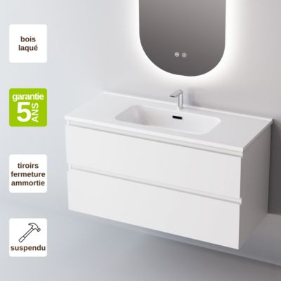 Meuble Salle de Bain STEP 60cm, Plan Vasque Solid Surface, 2 Tiroirs, Laqué Blanc Mat, H 54cm x P 45cm