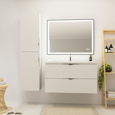 Meuble salle de bain strié - 100 cm - avec plan vasque - Blanc mat - à suspendre - Tirso