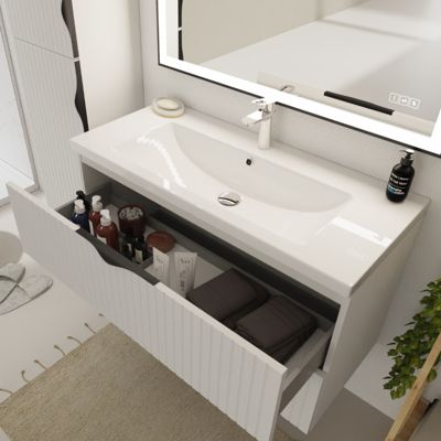 Meuble salle de bain strié - 100 cm - avec plan vasque - Blanc mat - à suspendre - Tirso