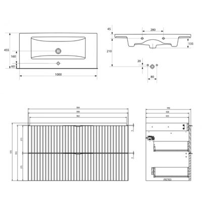 Meuble salle de bain strié - 100 cm - avec plan vasque - Blanc mat - à suspendre - Tirso