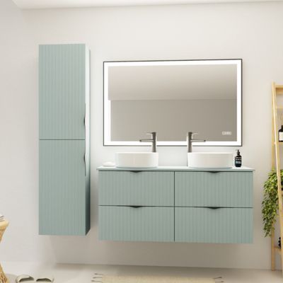 Meuble salle de bain strié 120 cm pour vasque à poser - Vert fjord mat - à suspendre - Tirso