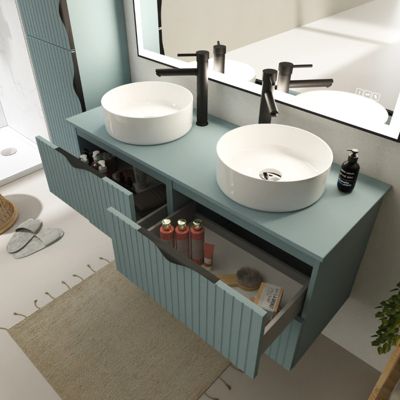 Meuble salle de bain strié 120 cm pour vasque à poser - Vert fjord mat - à suspendre - Tirso