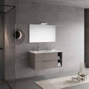 Meuble salle de bain suspendu 100cm gris frêne avec 2 tiroirs + compartiment ouvert gris et miroir 100x60 - new york