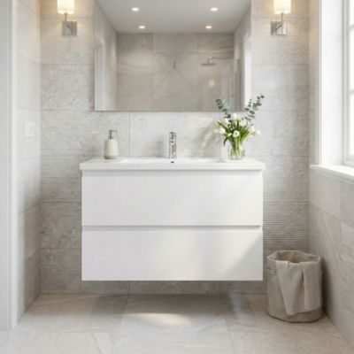 Meuble salle de bain suspendu 59 x 50 x 45 cm blanc brillant 2 tiroirs avec lavabo en marbre coulé SAT B-Way (BWAY260WU)