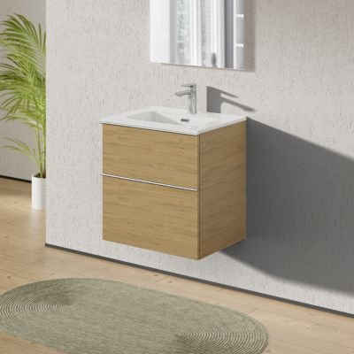 Meuble salle de bain suspendu, meuble vasque blanche 2 tiroirs, Garantie 5 ans, Poignée Chrome -64x61x47cm- Chêne, LAVOA
