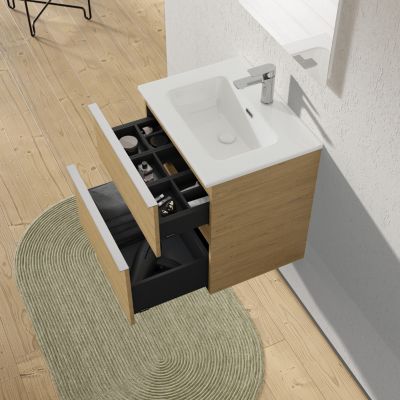Meuble salle de bain suspendu, meuble vasque blanche 2 tiroirs, Garantie 5 ans, Poignée Chrome -64x61x47cm- Chêne, LAVOA