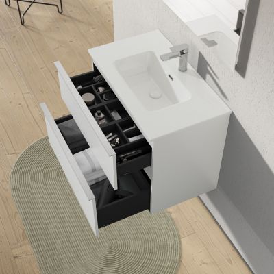 Meuble salle de bain suspendu, meuble vasque blanche 2 tiroirs, Garantie 5 ans, Poignée Chrome -64x81x47cm- Blanc mat-LAVOA