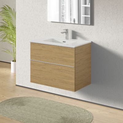 Meuble salle de bain suspendu, meuble vasque blanche 2 tiroirs, Garantie 5 ans, Poignée Chrome -64x81x47cm- Chêne, LAVOA