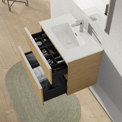 Meuble salle de bain suspendu, meuble vasque blanche 2 tiroirs, Garantie 5 ans, Poignée Chrome -64x81x47cm- Chêne, LAVOA