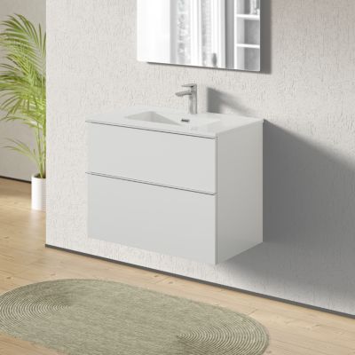 Meuble salle de bain suspendu, meuble vasque blanche 2 tiroirs, Garantie 5 ans, Poignée métal Chrome, 64x81x47cm, Blanc mat, LAVOA