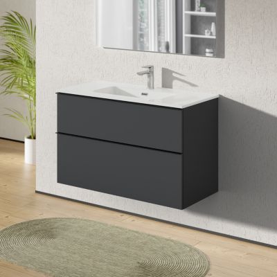 Meuble salle de bain suspendu, meuble vasque blanche 2 tiroirs, Garantie 5 ans, Poignée Noir -64x101x47cm- Anthracite-LAVOA