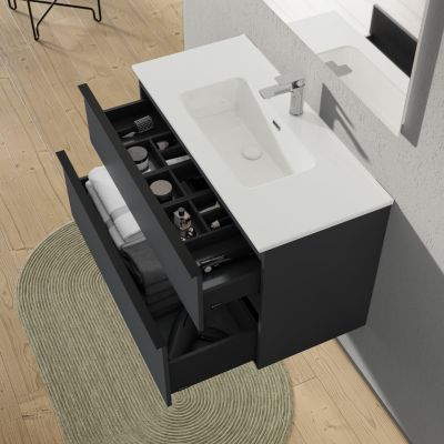 Meuble salle de bain suspendu, meuble vasque blanche 2 tiroirs, Garantie 5 ans, Poignée Noir -64x101x47cm- Anthracite-LAVOA