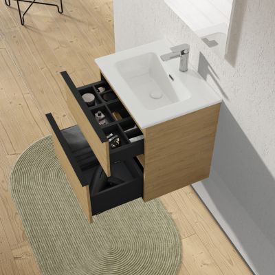 Meuble salle de bain suspendu, meuble vasque blanche 2 tiroirs, Garantie 5 ans, Poignée Noir -64x61x47cm- Chêne, LAVOA