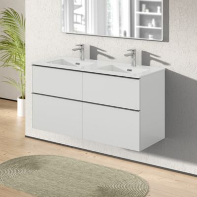 Meuble salle de bain suspendu, meuble vasque blanche 4 tiroirs, Garantie 5 ans, Poignée Anthracite -64x121x47cm- Blanc mat-LAVOA