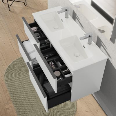 Meuble salle de bain suspendu, meuble vasque blanche 4 tiroirs, Garantie 5 ans, Poignée Anthracite -64x121x47cm- Blanc mat-LAVOA