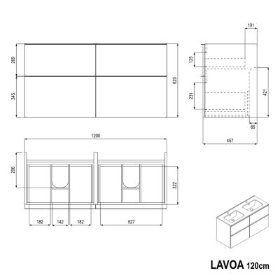 Meuble salle de bain suspendu, meuble vasque blanche 4 tiroirs, Garantie 5 ans, Poignée Anthracite -64x121x47cm- Blanc mat-LAVOA