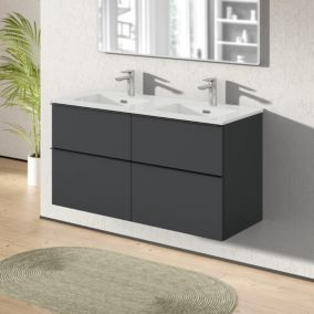 Meuble salle de bain suspendu, meuble vasque blanche 4 tiroirs, Garantie 5 ans, Poignée Noir -64x121x47cm- Anthracite-LAVOA