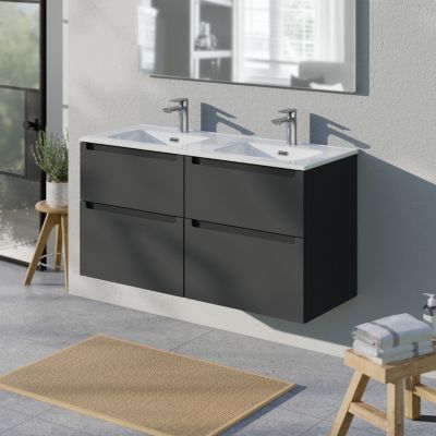 Meuble salle de bain suspendu, meuble vasque blanche 4 tiroirs soft-close, Garantie 5 ans, 64x121x47cm, Anthracite mat, VIREO
