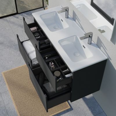 Meuble salle de bain suspendu, meuble vasque blanche 4 tiroirs soft-close, Garantie 5 ans, 64x121x47cm, Anthracite mat, VIREO