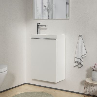 Meuble salle de bain suspendu, Meuble vasque lave-main, Garantie 5 ans, Poignée Chrome, 59,5x40x22cm- Blanc mat, LAVOA