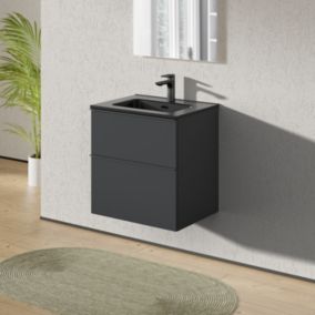 Meuble salle de bain suspendu, meuble vasque noire 2 tiroirs, Garantie 5 ans, Poignée Anthracite -64x61x47cm- Anthracite, LAVOA