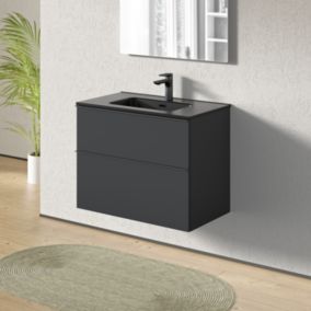 Meuble salle de bain suspendu, meuble vasque noire 2 tiroirs, Garantie 5 ans, Poignée Anthracite -64x81x47cm- Anthracite-LAVOA