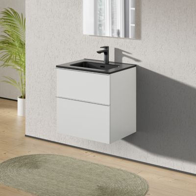 Meuble salle de bain suspendu, meuble vasque noire 2 tiroirs, Garantie 5 ans, Poignée Chrome -64x61x47cm- Blanc mat, LAVOA